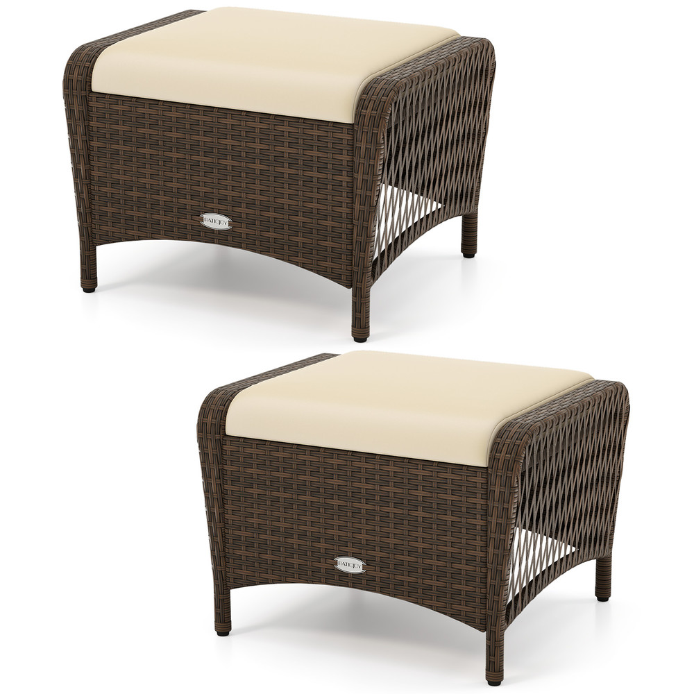 Outdoor PE Wicker Ottoman Set With Removable Cushions Durable Patio Footstools For Seating Lounging 7
