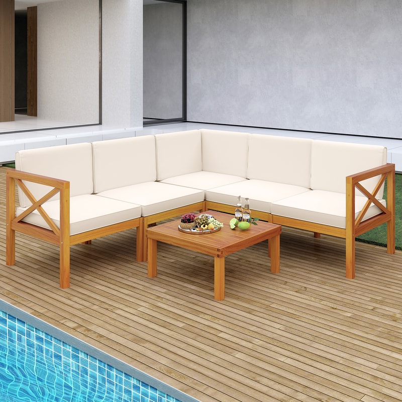 Outdoor Patio Sectional Set Solid Acacia Wood Modular Furniture With Cushions Coffee Table For Bac 3