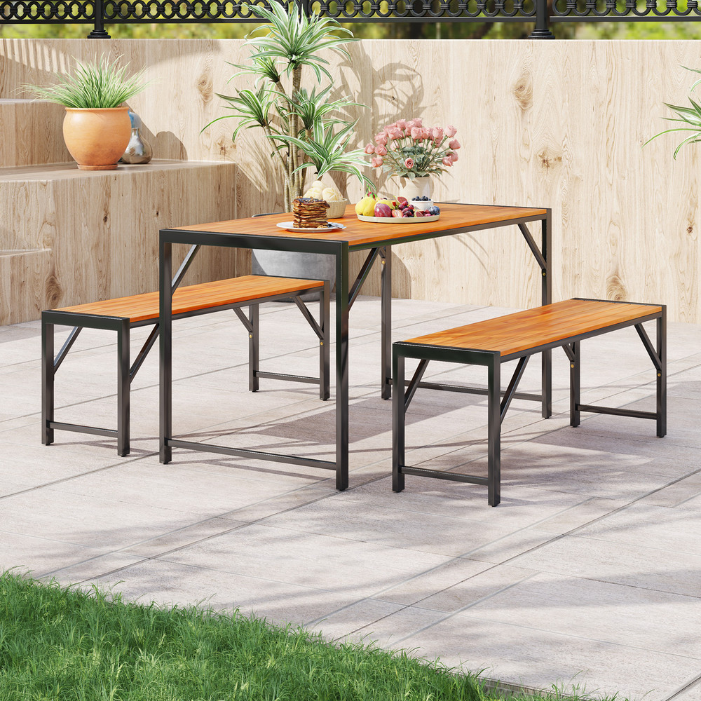 3-Piece Patio Dining Set with Acacia Wood Table & 2 Benches – Outdoor/Indoor Space-Saving Set