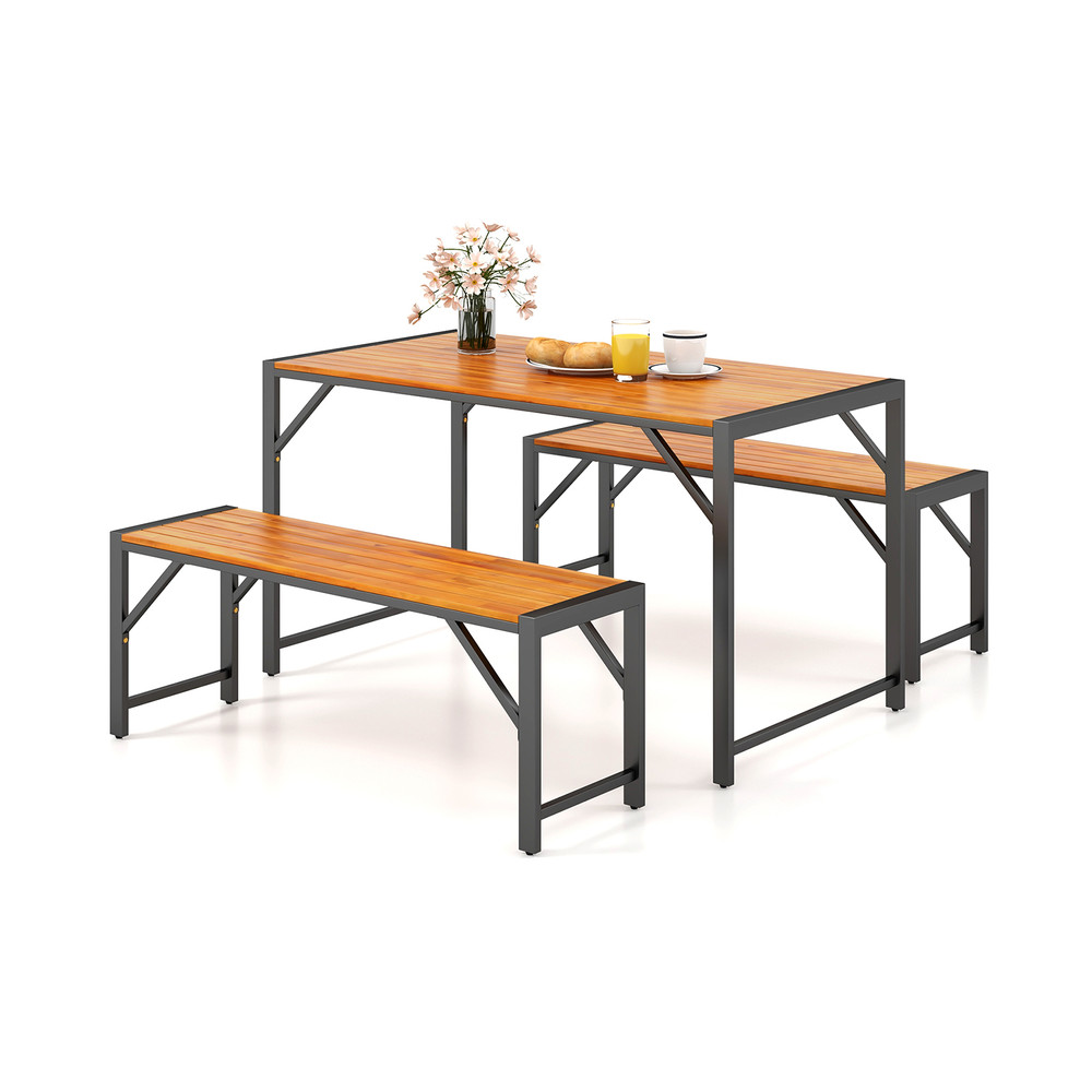 3-Piece Patio Dining Set with Acacia Wood Table & 2 Benches – Outdoor/Indoor Space-Saving Set