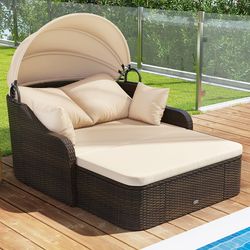 patio pe rattan daybed with retractable canopy & soft cushions – outdoor lounge bed for poolside & garden