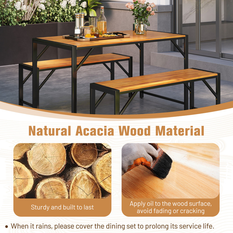 3-Piece Patio Dining Set with Acacia Wood Table & 2 Benches – Outdoor/Indoor Space-Saving Set
