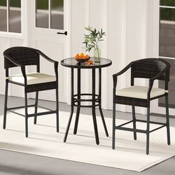3-piece patio rattan bar set with tempered glass top – perfect for backyard & poolside relaxation