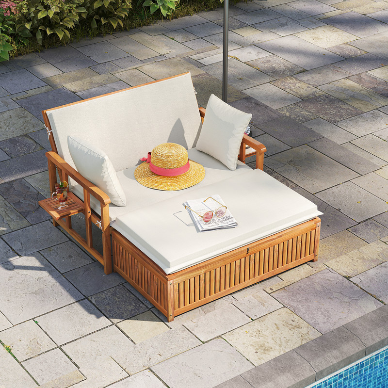 Outdoor Wooden Daybed with 4-Level Backrest & Removable Cushions – Acacia Wood Patio Lounger