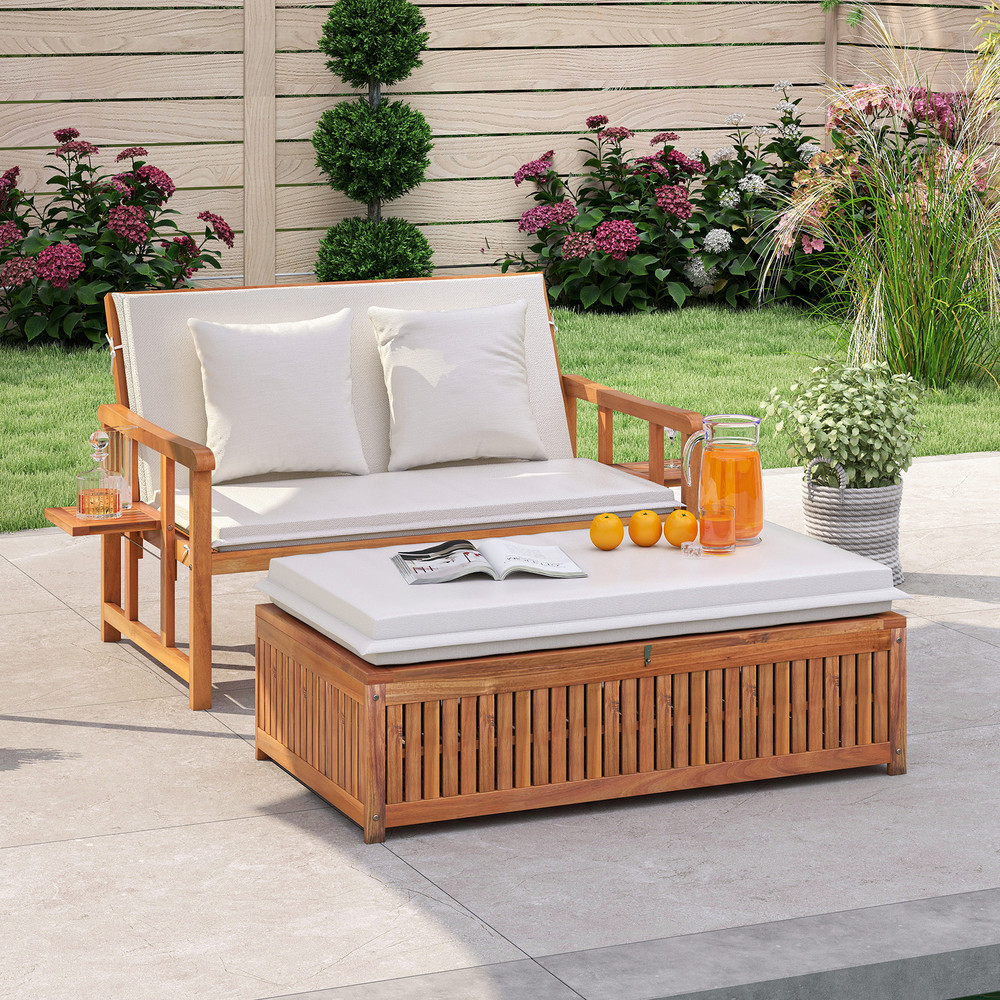 Outdoor Wooden Daybed with 4-Level Backrest & Removable Cushions – Acacia Wood Patio Lounger