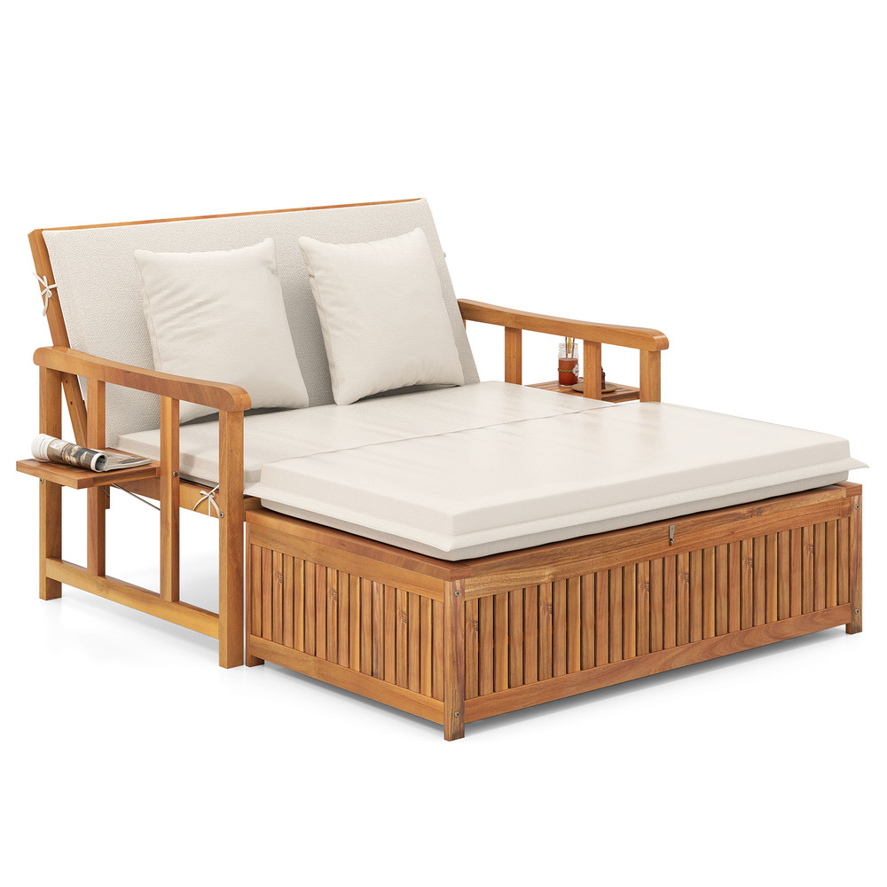 Outdoor Wooden Daybed with 4-Level Backrest & Removable Cushions – Acacia Wood Patio Lounger