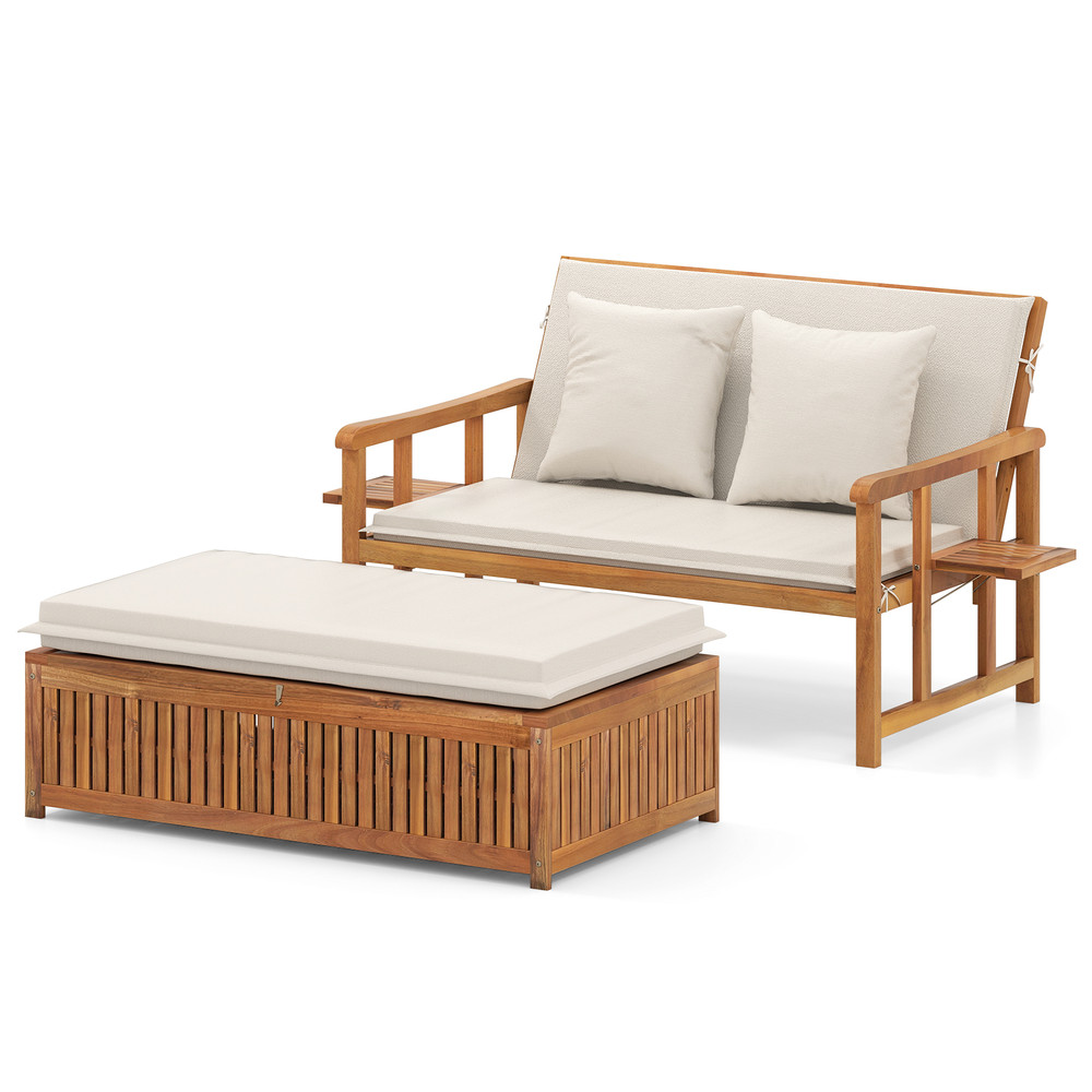 Outdoor Wooden Daybed with 4-Level Backrest & Removable Cushions – Acacia Wood Patio Lounger