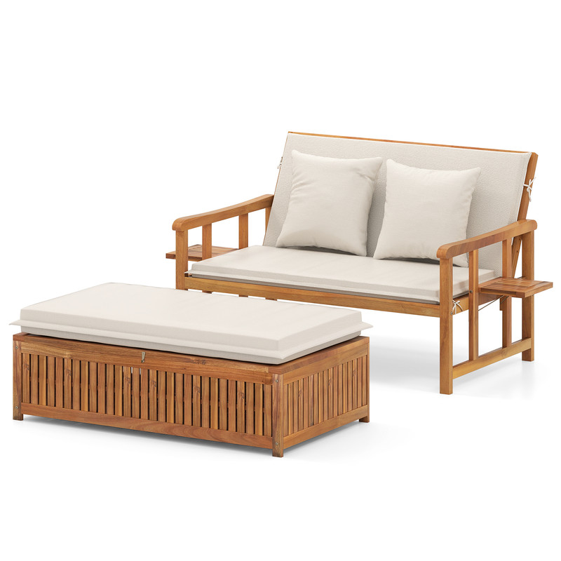 Outdoor Wooden Daybed with 4-Level Backrest & Removable Cushions – Acacia Wood Patio Lounger