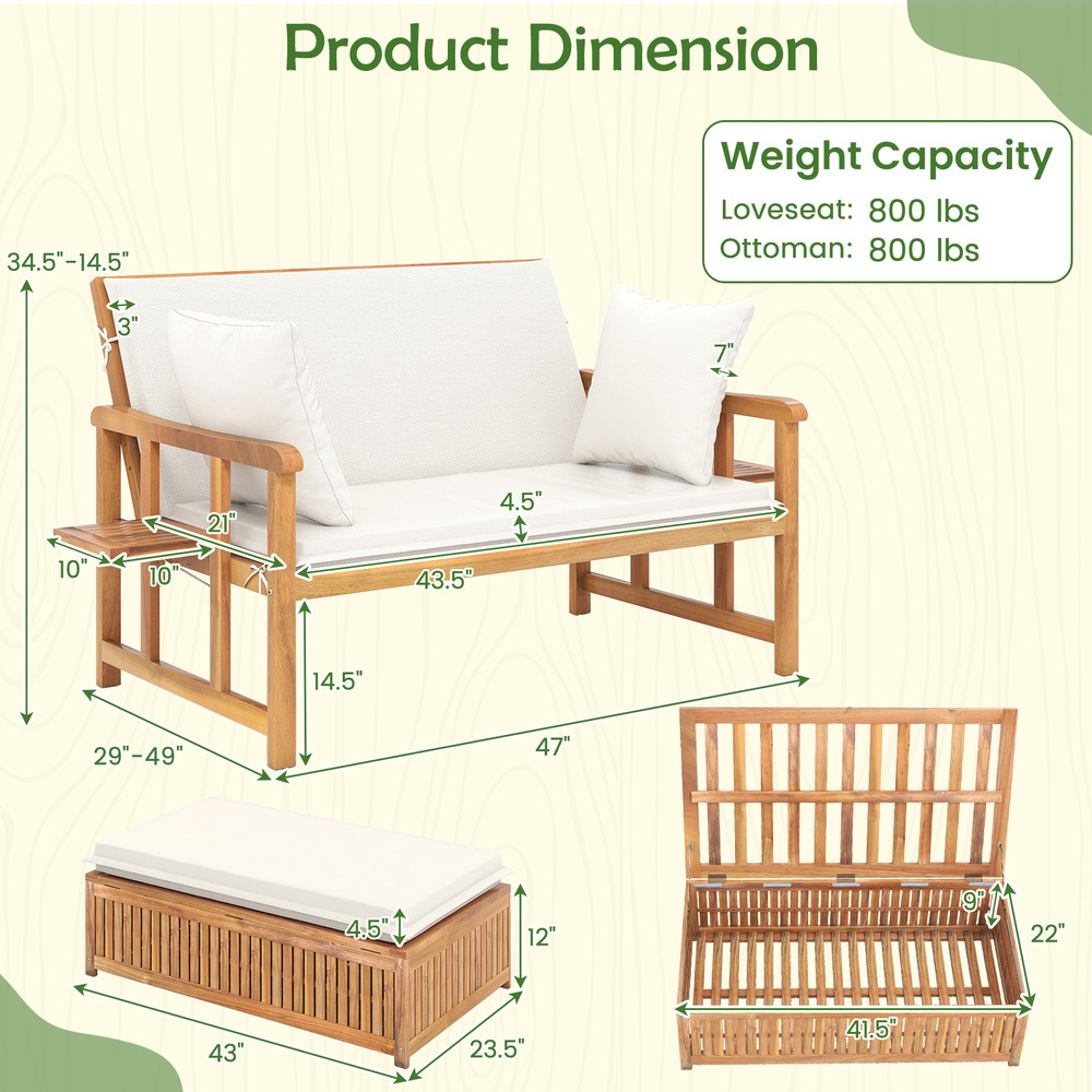 Outdoor Wooden Daybed with 4-Level Backrest & Removable Cushions – Acacia Wood Patio Lounger