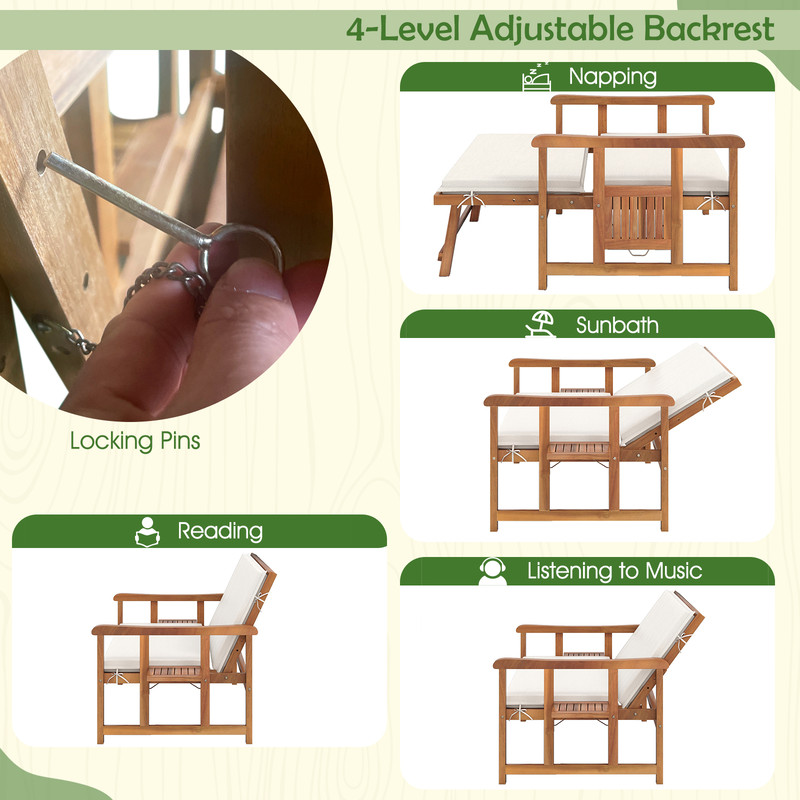 Outdoor Wooden Daybed with 4-Level Backrest & Removable Cushions – Acacia Wood Patio Lounger