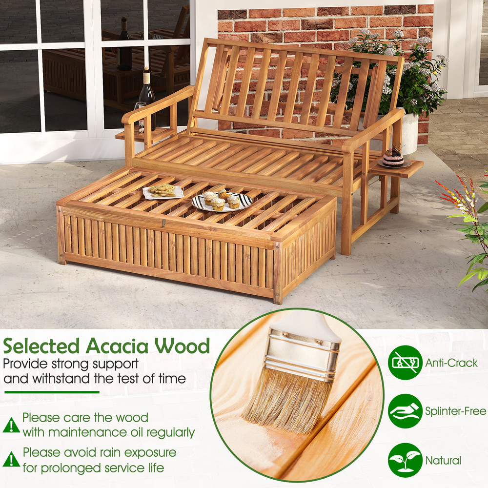 Outdoor Wooden Daybed with 4-Level Backrest & Removable Cushions – Acacia Wood Patio Lounger