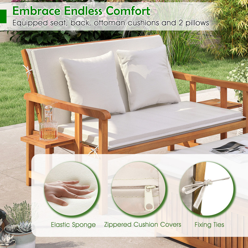 Outdoor Wooden Daybed with 4-Level Backrest & Removable Cushions – Acacia Wood Patio Lounger