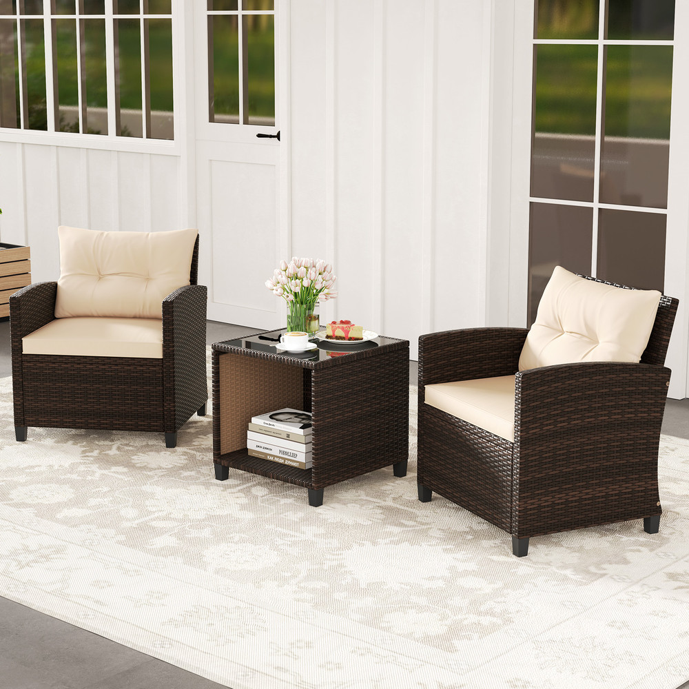 3-Piece Patio Sofa Set with Wicker Chairs & Coffee Table with Storage – Durable Rattan Outdoor Conversation Set