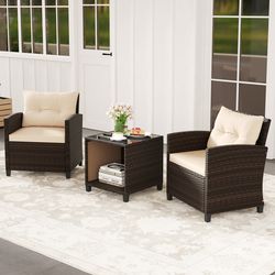 3-piece patio sofa set with wicker chairs & coffee table with storage – durable rattan outdoor conversation set