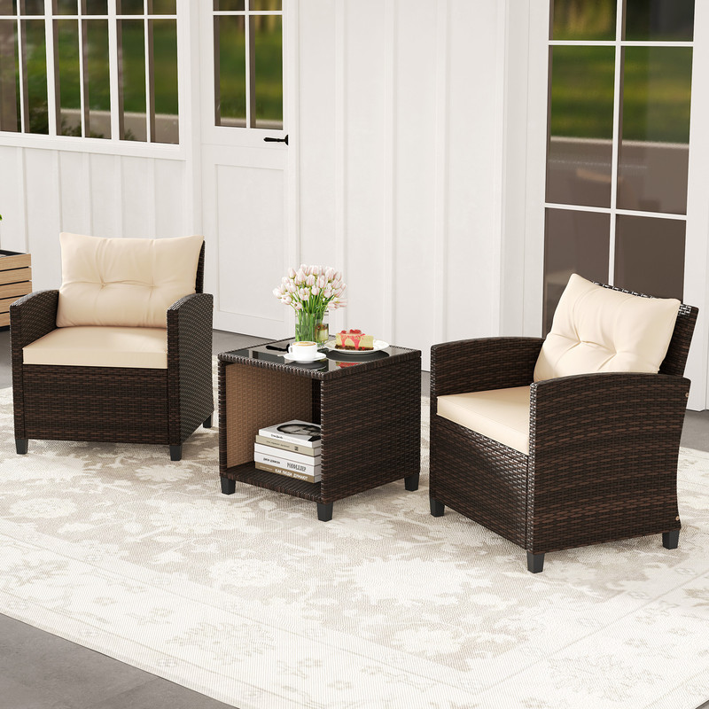 3-Piece Patio Sofa Set with Wicker Chairs & Coffee Table with Storage – Durable Rattan Outdoor Conversation Set