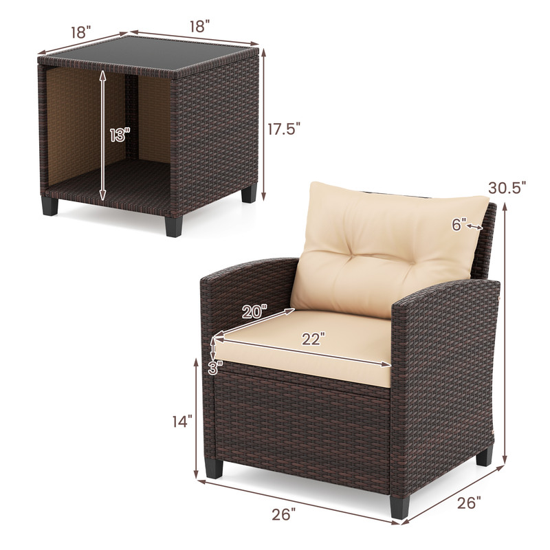 3-Piece Patio Sofa Set with Wicker Chairs & Coffee Table with Storage – Durable Rattan Outdoor Conversation Set