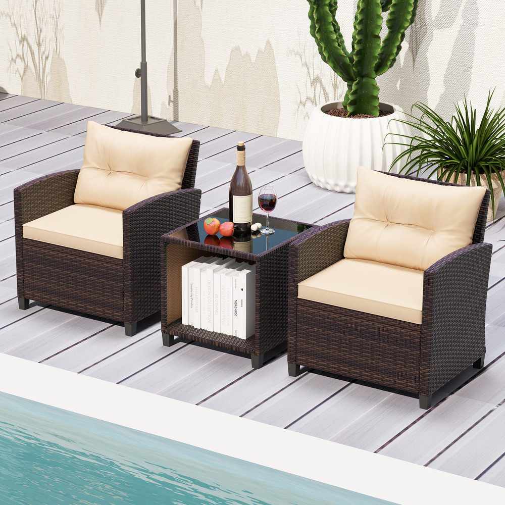 3-Piece Patio Sofa Set with Wicker Chairs & Coffee Table with Storage – Durable Rattan Outdoor Conversation Set
