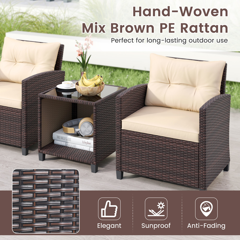 3-Piece Patio Sofa Set with Wicker Chairs & Coffee Table with Storage – Durable Rattan Outdoor Conversation Set