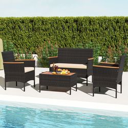 4-piece patio wicker sofa set with 2 rattan chairs, loveseat & coffee table – outdoor acacia wood furniture