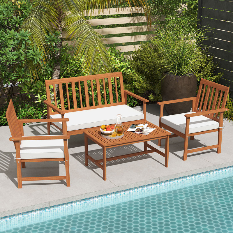4-Piece Acacia Wood Patio Furniture Set with Seat Cushions & Robust Wood Frame Outdoor Loveseat, Armchairs Coffee Table