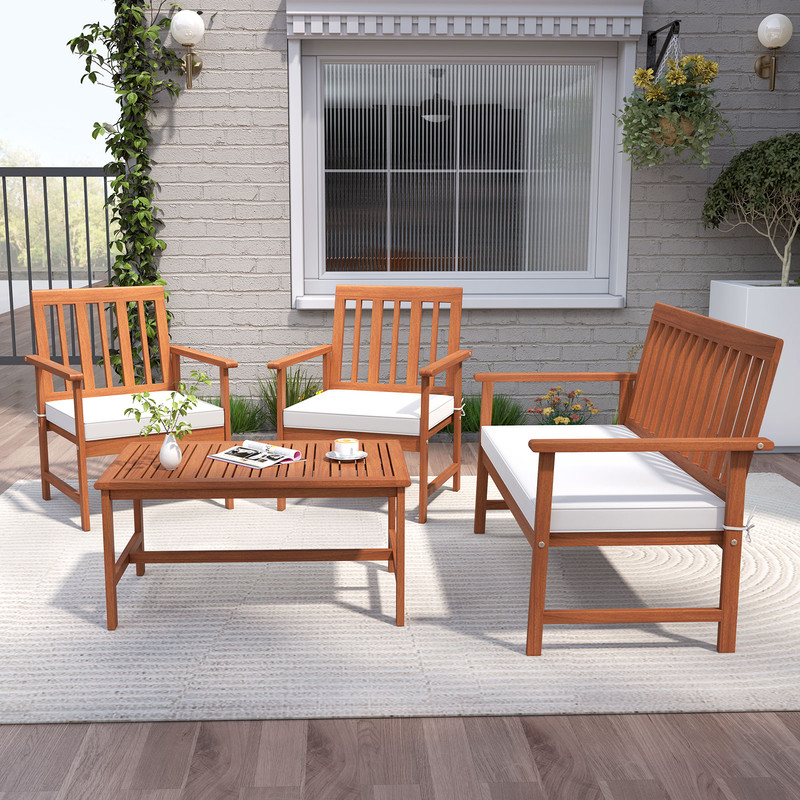 4-Piece Acacia Wood Patio Furniture Set with Seat Cushions & Robust Wood Frame Outdoor Loveseat, Armchairs Coffee Table
