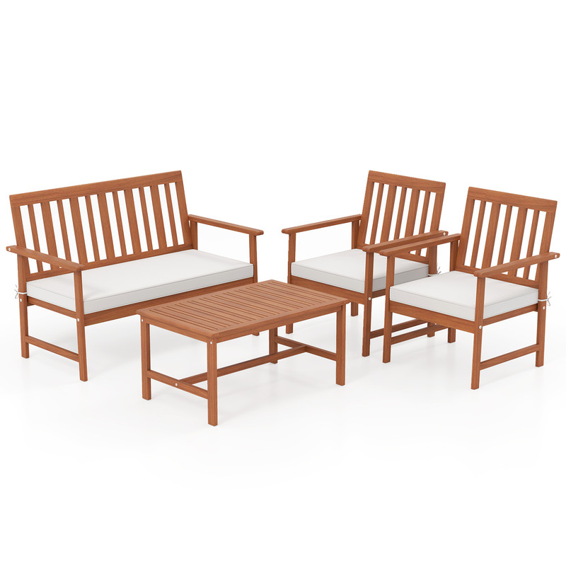 4-Piece Acacia Wood Patio Furniture Set with Seat Cushions & Robust Wood Frame Outdoor Loveseat, Armchairs Coffee Table