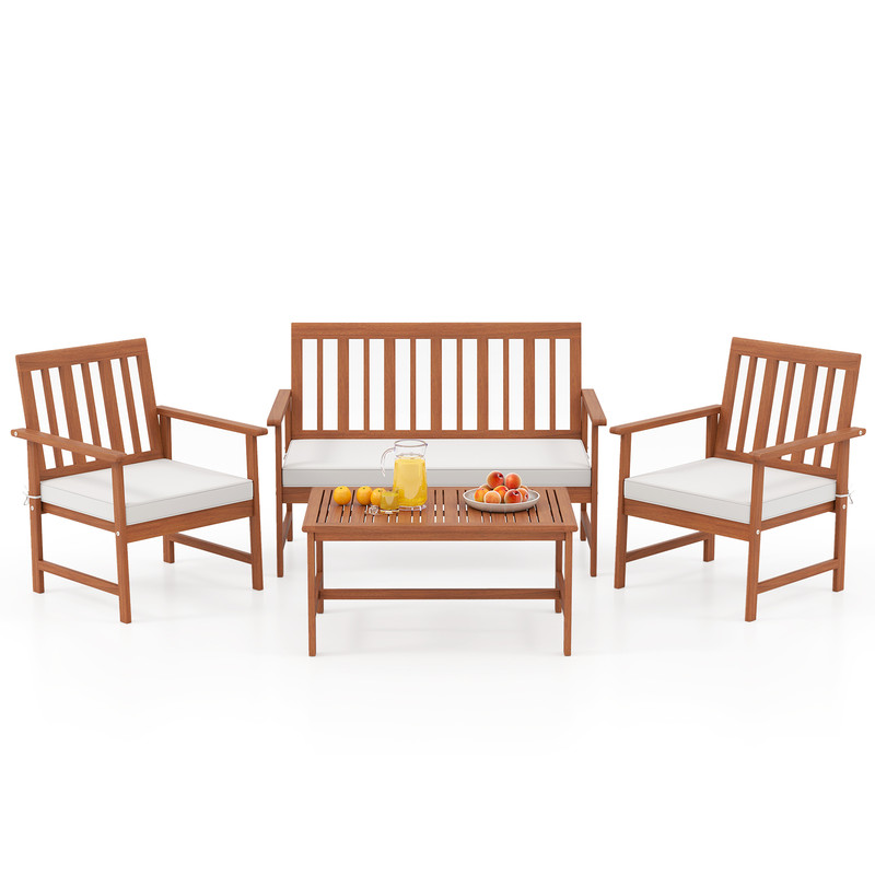 4-Piece Acacia Wood Patio Furniture Set with Seat Cushions & Robust Wood Frame Outdoor Loveseat, Armchairs Coffee Table