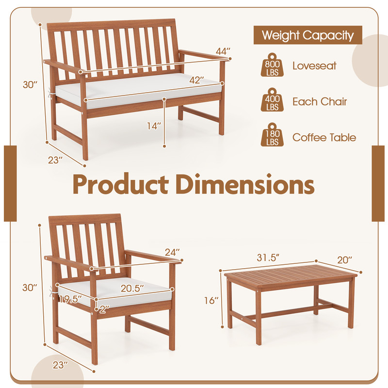 4-Piece Acacia Wood Patio Furniture Set with Seat Cushions & Robust Wood Frame Outdoor Loveseat, Armchairs Coffee Table