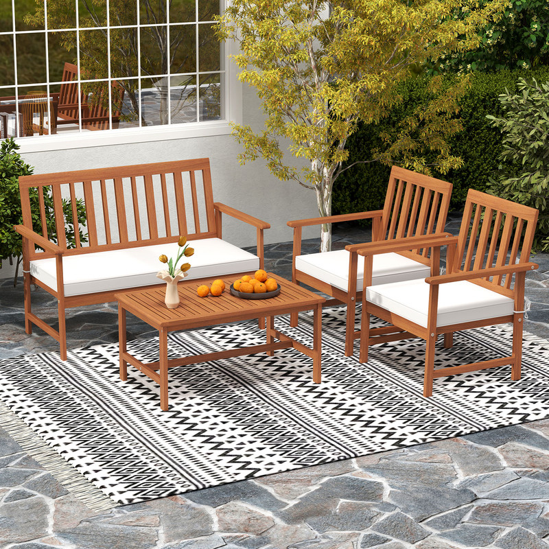 4-Piece Acacia Wood Patio Furniture Set with Seat Cushions & Robust Wood Frame Outdoor Loveseat, Armchairs Coffee Table
