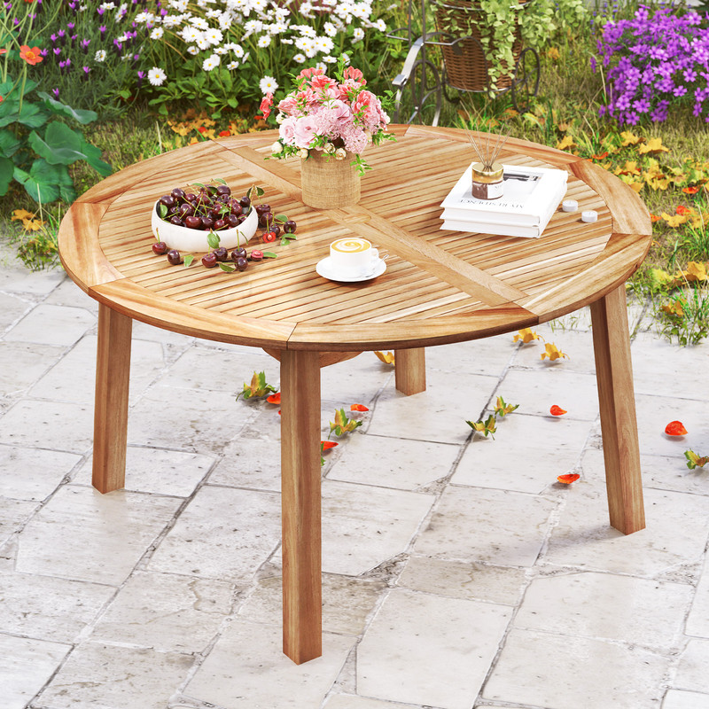 53 Inch Outdoor Acacia Wood Dining Table for 4-6 People – Round Patio Table with Umbrella Hole