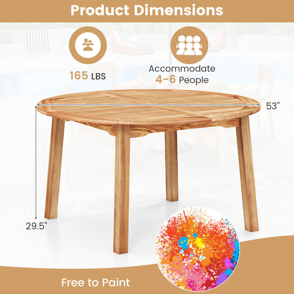 53 Inch Outdoor Acacia Wood Dining Table for 4-6 People – Round Patio Table with Umbrella Hole