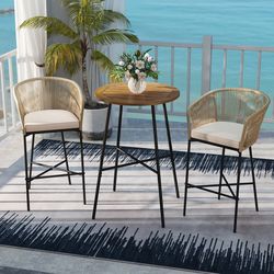 3-piece rope woven patio bar set with soft cushions acacia wood tabletop, outdoor bistro set for garden, balcony