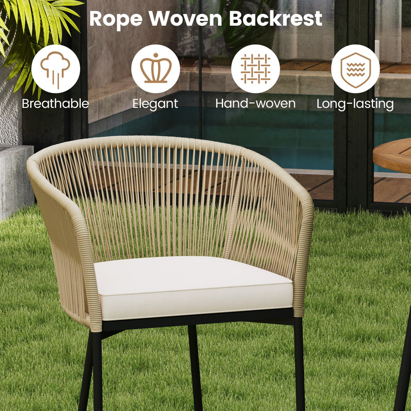 3-Piece Rope Woven Patio Bar Set with Soft Cushions Acacia Wood Tabletop, Outdoor Bistro Set for Garden, Balcony