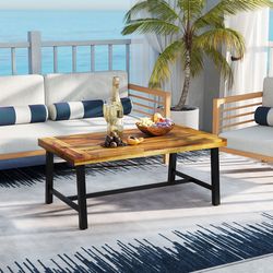 acacia wood coffee table with thickened top & heavy-duty metal legs, rustic industrial design for indoor & outdoor use