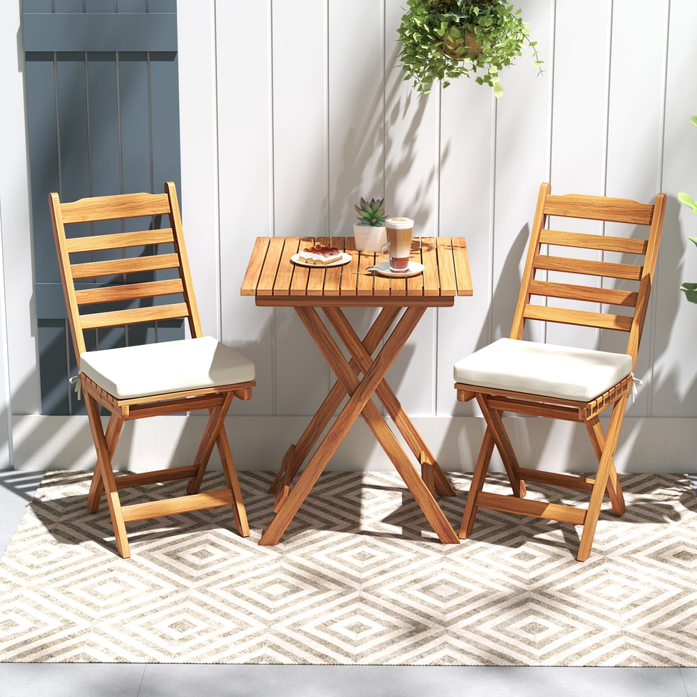 Folding Chair Table Set with Soft Seat Cushions, Acacia Wood Outdoor Bistro Set