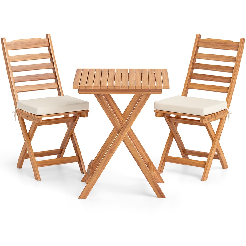 Folding Chair Table Set with Soft Seat Cushions, Acacia Wood Outdoor Bistro Set