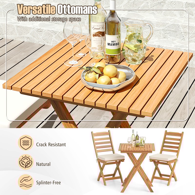 Folding Chair Table Set with Soft Seat Cushions, Acacia Wood Outdoor Bistro Set