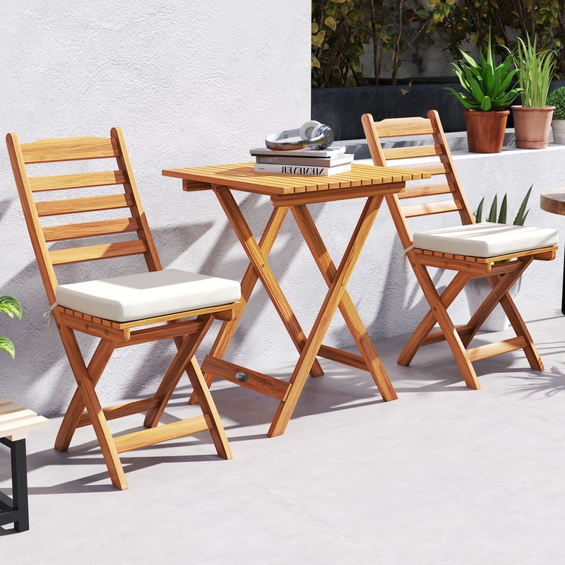 Folding Chair Table Set with Soft Seat Cushions, Acacia Wood Outdoor Bistro Set