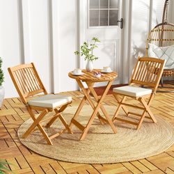 3-piece acacia wood patio folding bistro set with soft cushions – space-saving outdoor furniture