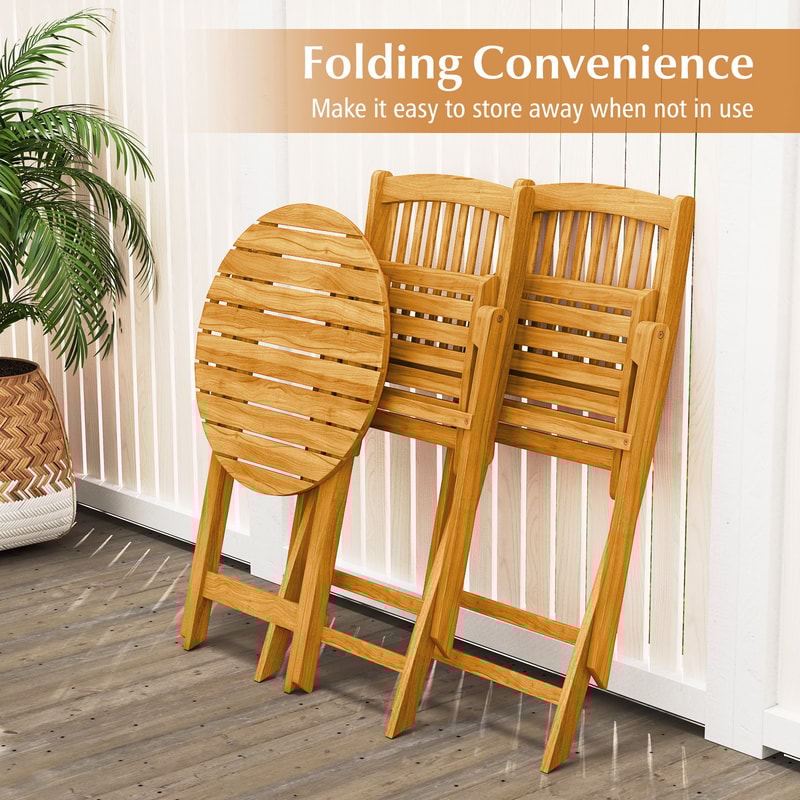 3-Piece Acacia Wood Patio Folding Bistro Set with Soft Cushions – Space-Saving Outdoor Furniture