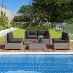 5-piece outdoor patio sectional sofa set with glass coffee table & cushions – rattan furniture for garden, poolside