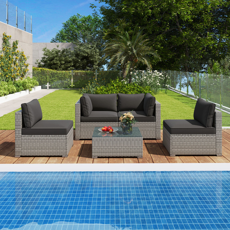 5-Piece Outdoor Patio Sectional Sofa Set with Glass Coffee Table & Cushions – Rattan Furniture for Garden, Poolside