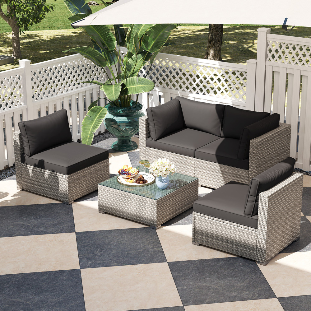 5-Piece Outdoor Patio Sectional Sofa Set with Glass Coffee Table & Cushions – Rattan Furniture for Garden, Poolside