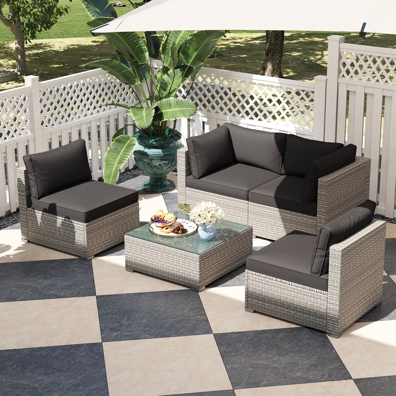 5-Piece Outdoor Patio Sectional Sofa Set with Glass Coffee Table & Cushions – Rattan Furniture for Garden, Poolside