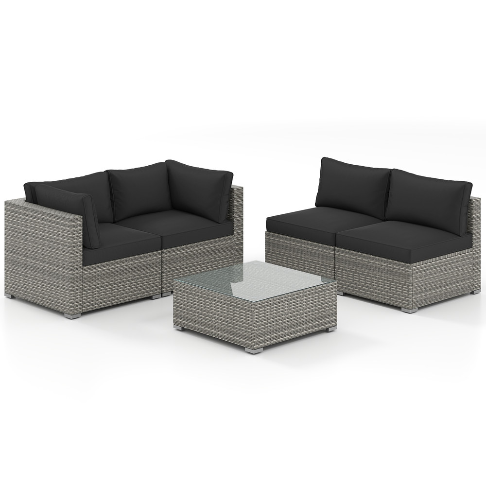 5-Piece Outdoor Patio Sectional Sofa Set with Glass Coffee Table & Cushions – Rattan Furniture for Garden, Poolside
