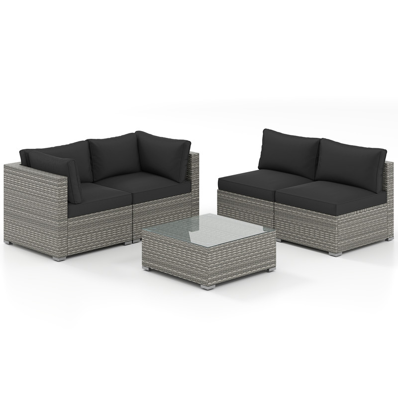 5-Piece Outdoor Patio Sectional Sofa Set with Glass Coffee Table & Cushions – Rattan Furniture for Garden, Poolside