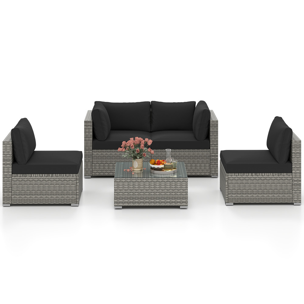 5-Piece Outdoor Patio Sectional Sofa Set with Glass Coffee Table & Cushions – Rattan Furniture for Garden, Poolside