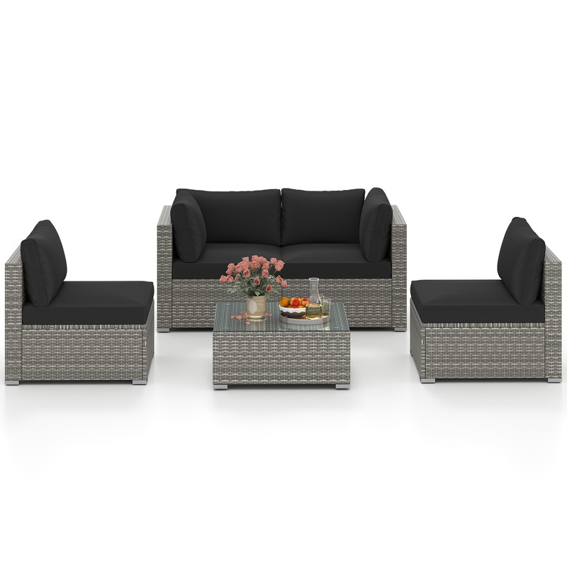 5-Piece Outdoor Patio Sectional Sofa Set with Glass Coffee Table & Cushions – Rattan Furniture for Garden, Poolside