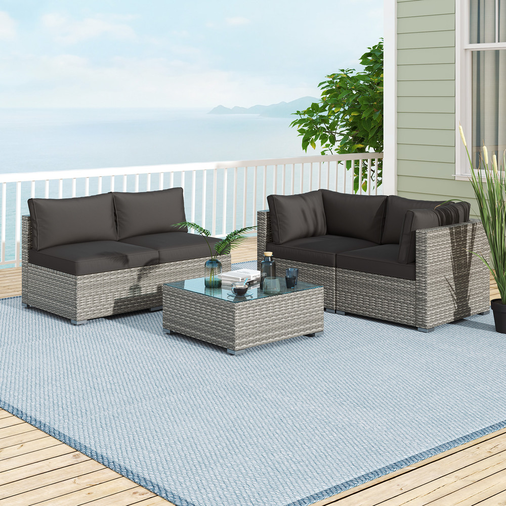 5-Piece Outdoor Patio Sectional Sofa Set with Glass Coffee Table & Cushions – Rattan Furniture for Garden, Poolside