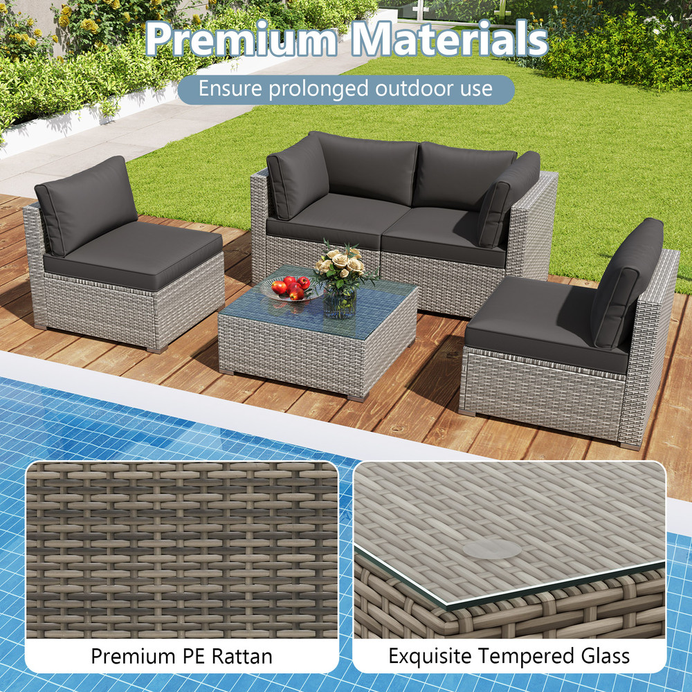 5-Piece Outdoor Patio Sectional Sofa Set with Glass Coffee Table & Cushions – Rattan Furniture for Garden, Poolside